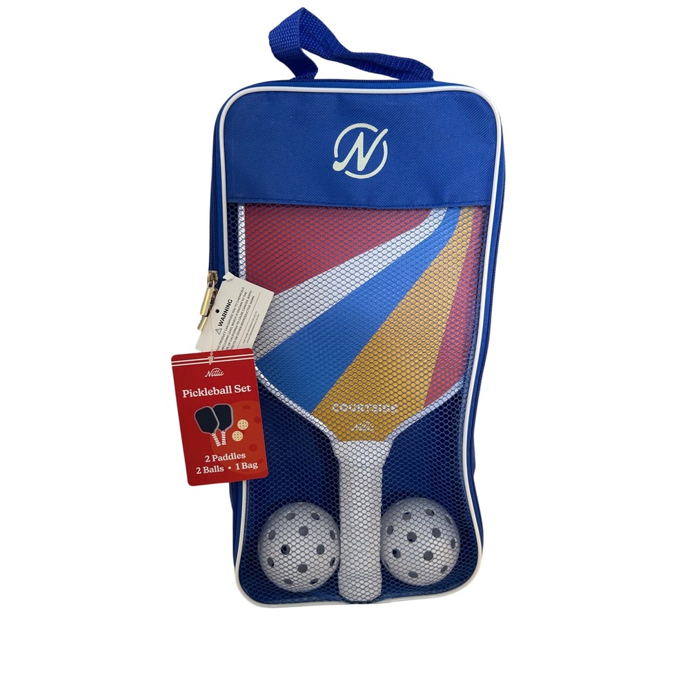 Nettie Blue Red Striped Courtside Pickleball Set 2 Paddles 2 Balls Bag New!